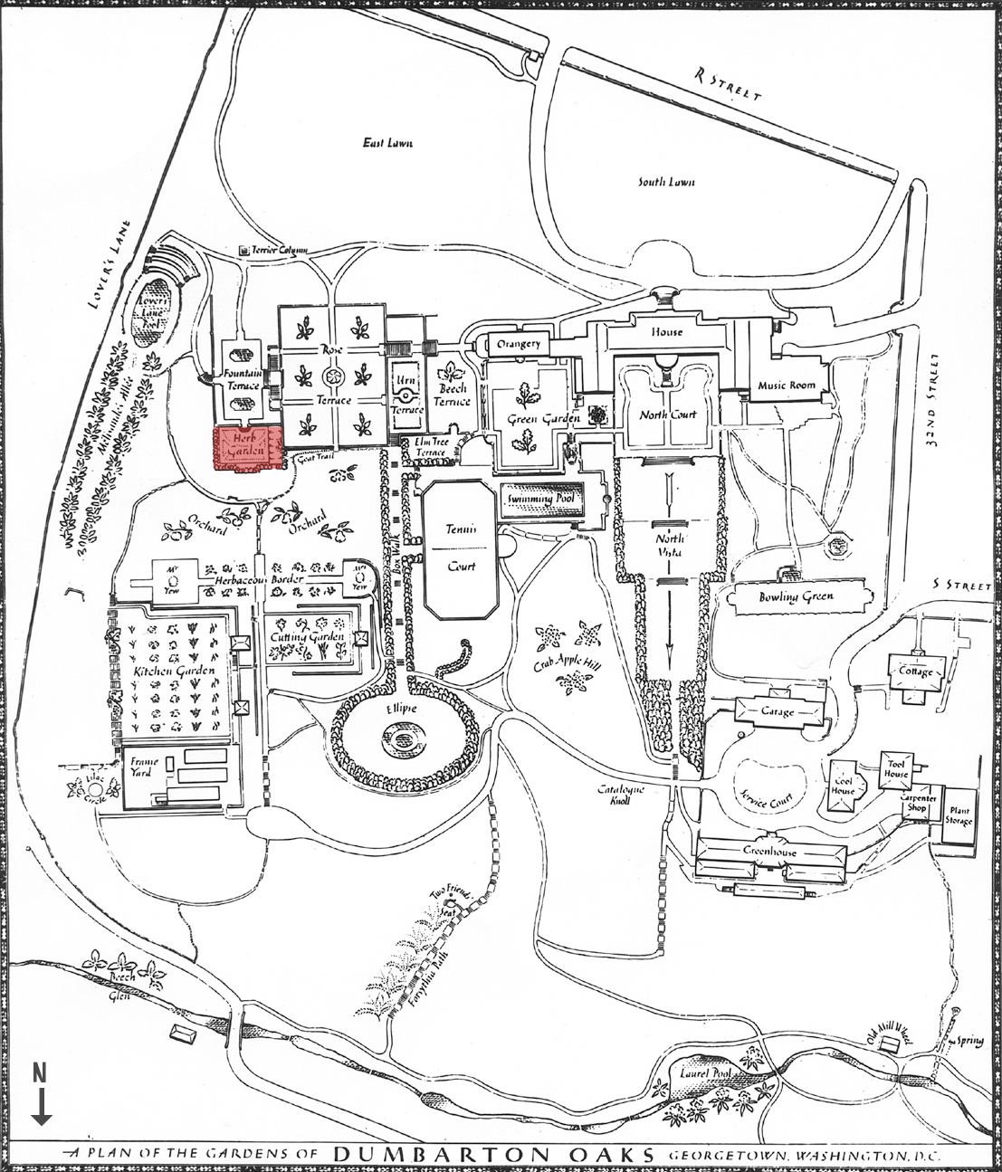 Plan of the Gardens of Dumbarton Oaks, Edited to highlight the Herb Garden